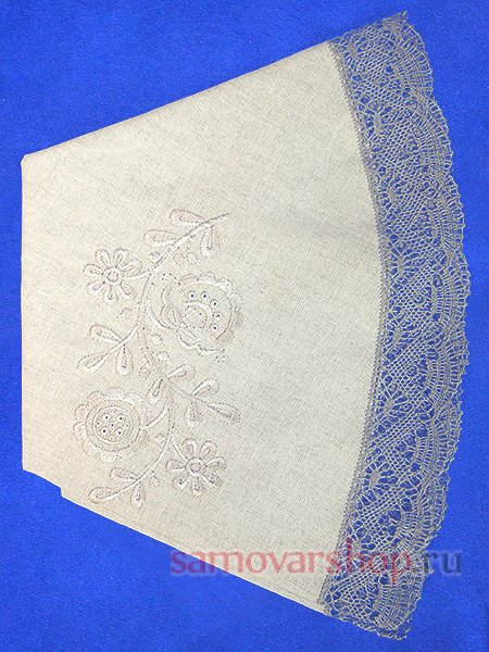 Скатерть круглая серая с серым кружевом и кружевной вышивкой арт. 5нхп-616а, d-90