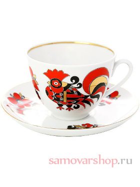 Чайная пара форма Весенняя рисунок Красные петушки Императорский фарфоровый завод