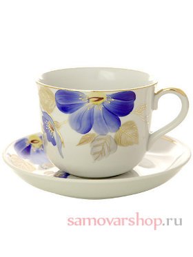 Фарфоровая чашка с блюдцем форма &quot;Ностальгия&quot; рисунок &quot;Синий цветок&quot;, Дулевский фарфор