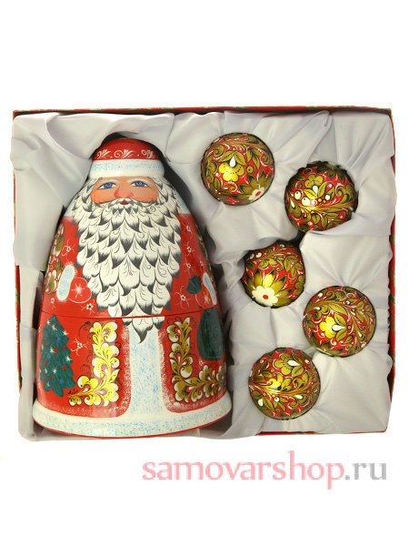 Новогодний набор "Дед Мороз и 5 шаров" Хохлома