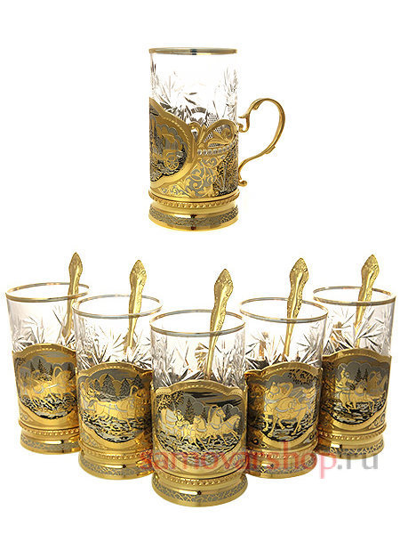 Набор для чая "Русская тройка" на 6 персон позолоченный в подарочной коробке, Златоуст