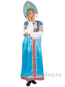 Русский народный костюм &quot;Василиса&quot; женский атласный голубой  сарафан и блузка XS-L
