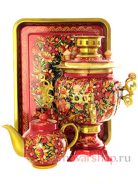 Набор самовар электрический 3 литра с художественной росписью "Птица, рябина, цветы на красном фоне", арт. 130256