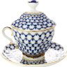 Чашка чайная с крышечкой и блюдцем форма Подарочная-2 рисунок Кобальтовая сетка Императорский фарфоровый завод