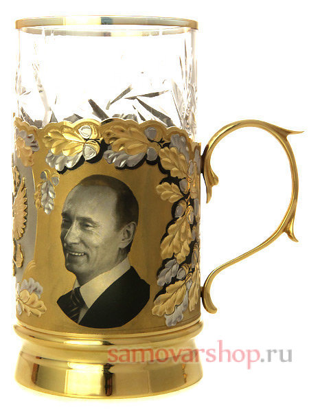 Подстаканник "Путин и Медведев" в комплекте с ложкой и стаканом, позолоченный в подарочной коробке, Златоуст